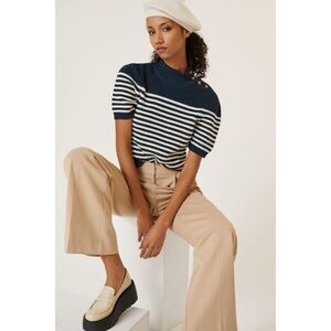 Anthropologie MAEVE Puff-Sleeves Sweater Tee Sailor Stripe Nautical Medium